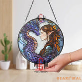 Elf and Dragon Stained Glass Suncatcher Fantasy Window Hanging Mystic Bond Glass Art Purple Dragon Decor Magical Gift